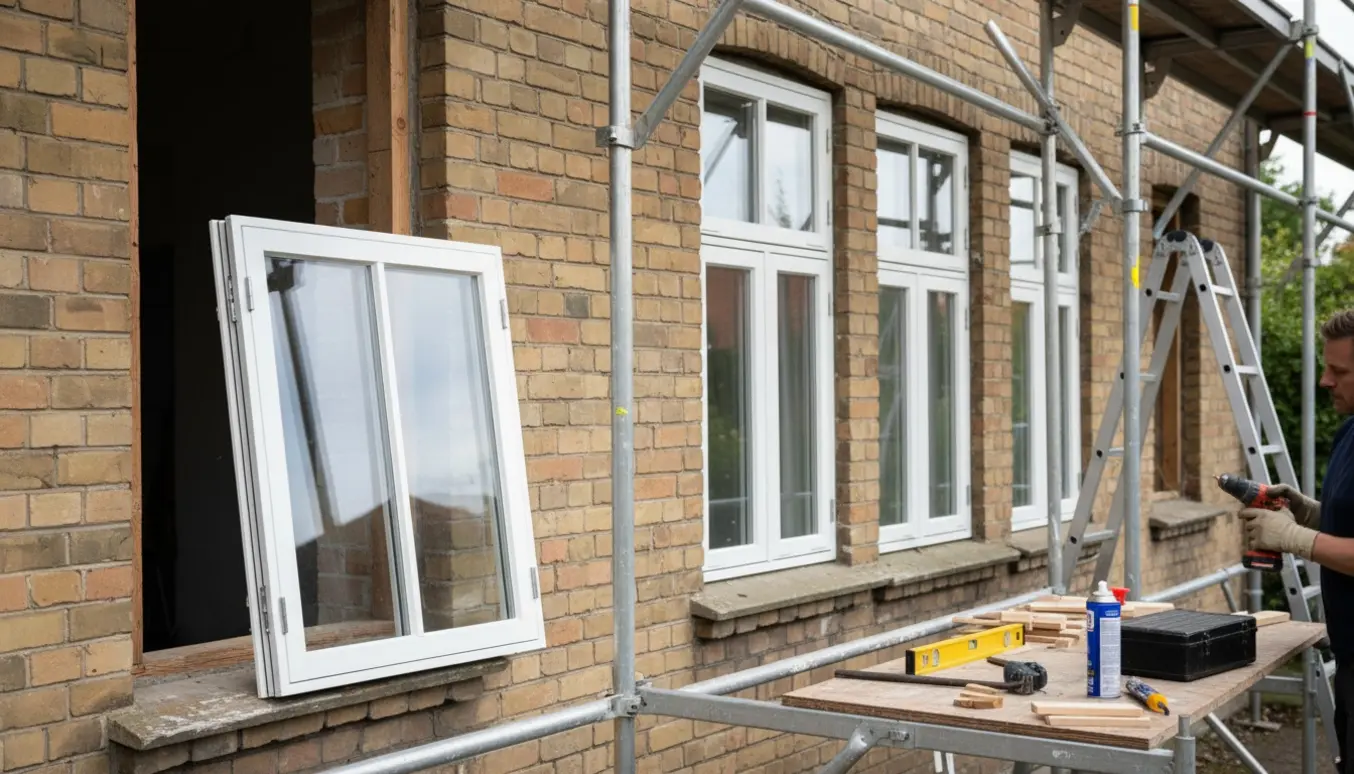 Håndværker udskifter fem hvide dannebrogsvinduer på første sal med nye trelagsruder.