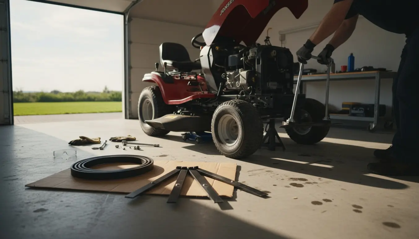 Havetraktor i garage med fjernet klippebord, ny drivrem og knive klar til montering.