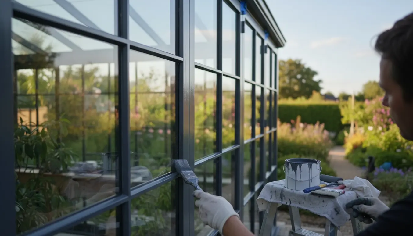 Udestue set udefra, hvor en maler holder pensel og rulle og maler vinduesrammerne.