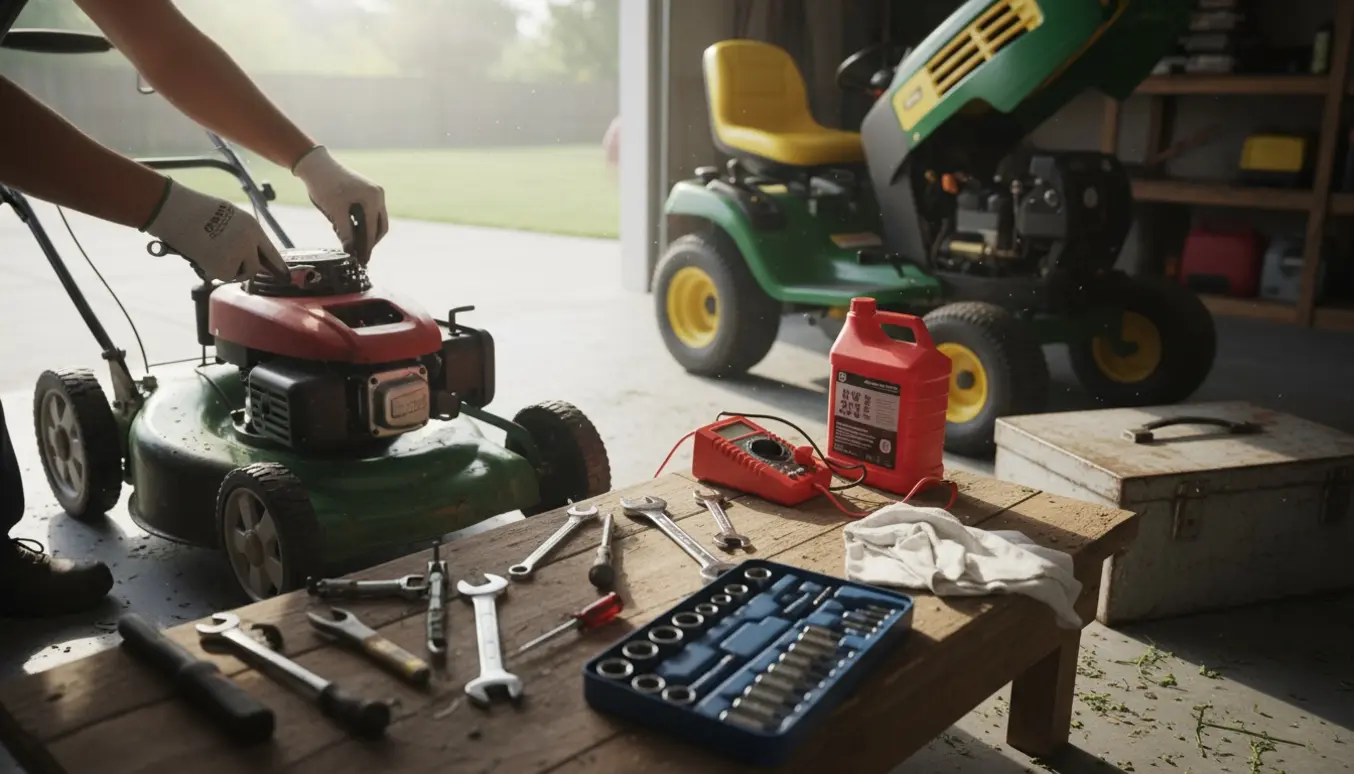 Nærbillede af reparation af en plæneklipper og en havetraktor i en garage med værktøj omkring.