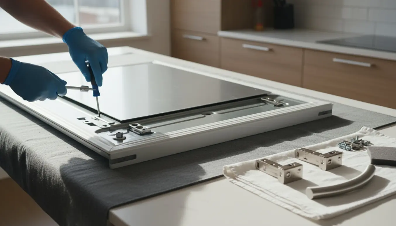 Køleskabslåge lagt på blødt underlag med frontpanel fjernet, synlige hængsler og nye håndtag og værktøj klar til montering.