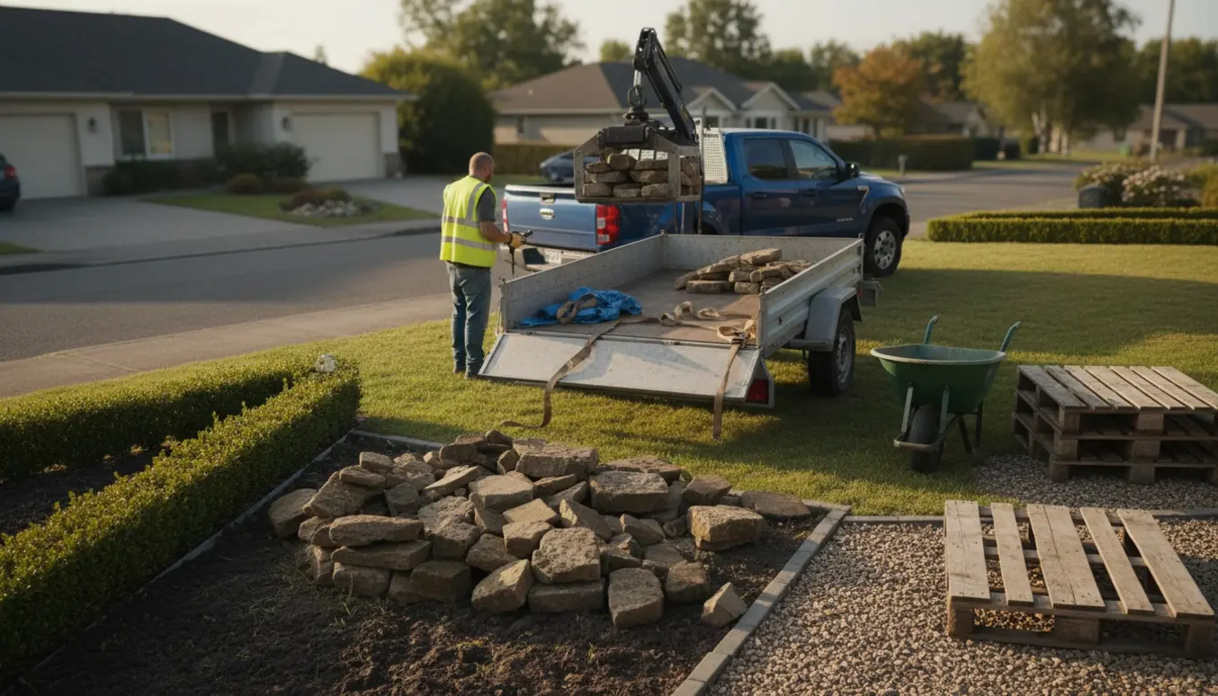 Trailer med grab laster en bunke marksten og fliser fra en have med nem adgang til vejen.