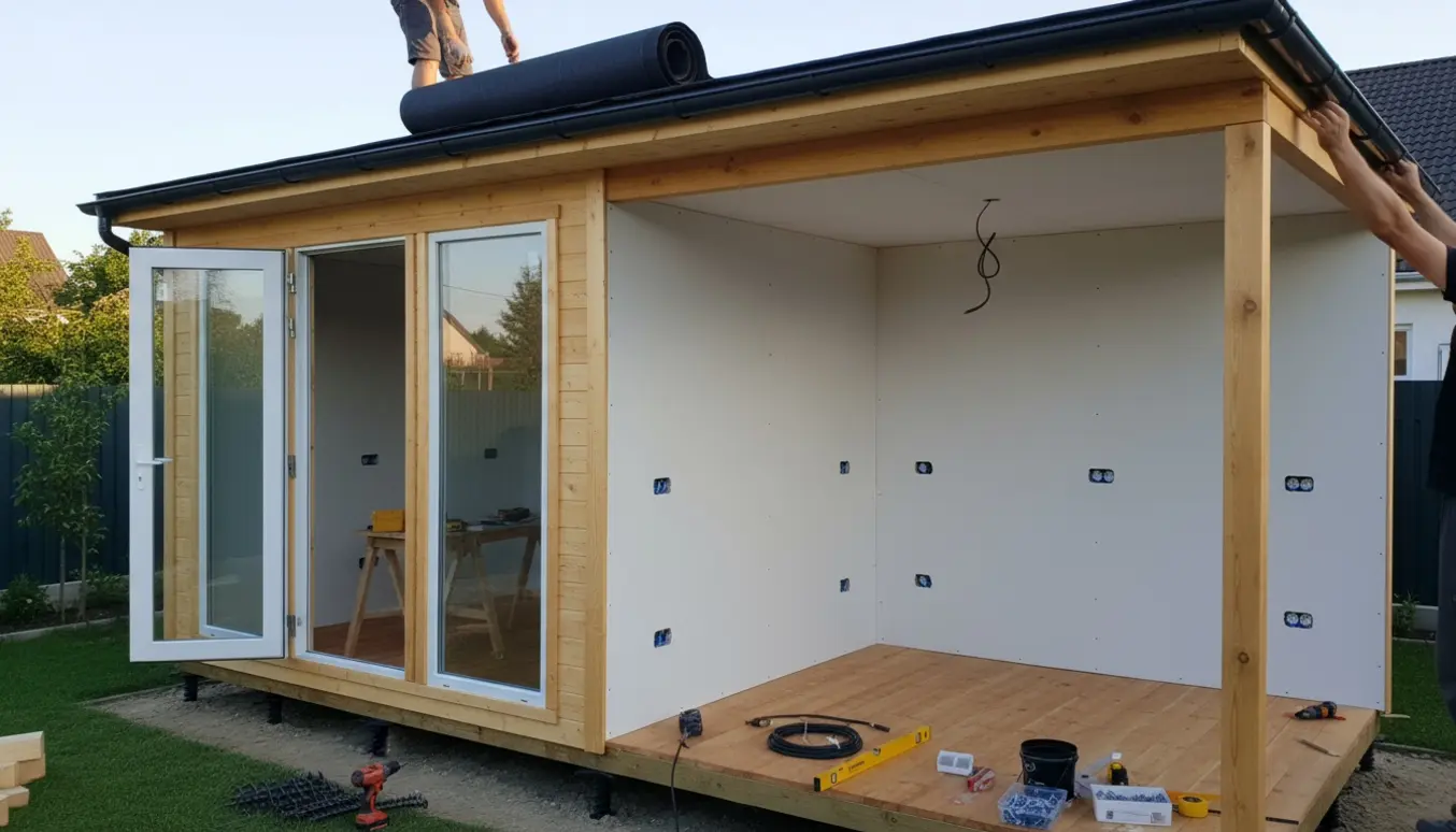 Et færdigt helårsanneks på skruefundament med åbne dobbeltdøre, hvide gipsvægge og massivt fyrtræsgulv.