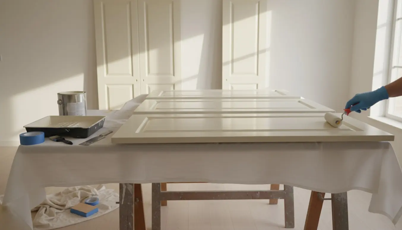 Nymalede køkken- og garderobelåger til tørre på bukke med malerværktøj omkring i et lyst værksted.