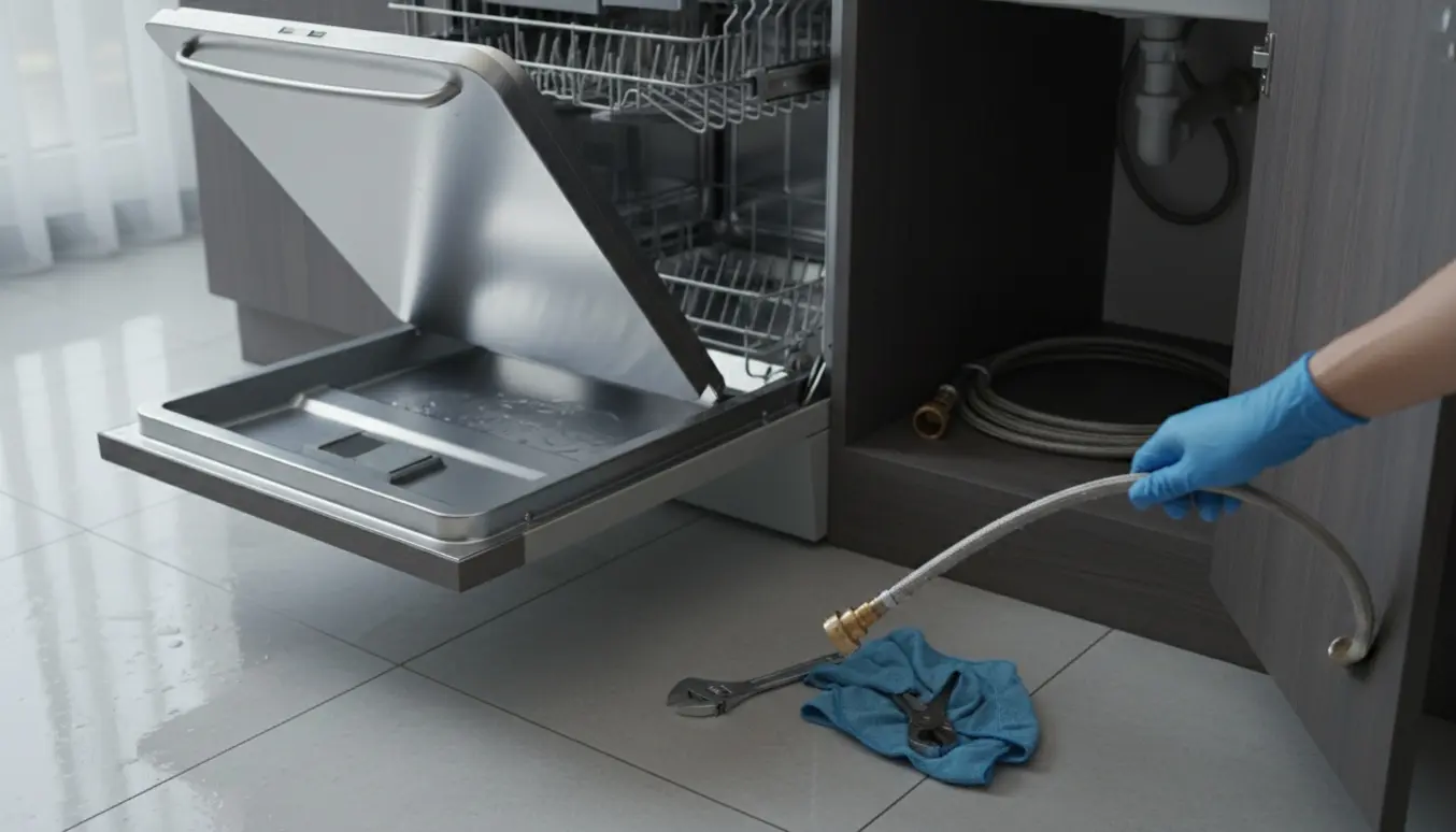 Åben indbygget opvaskemaskine med frakoblet vandtilslutning, værktøj og en lille vandpyt på køkkengulvet.