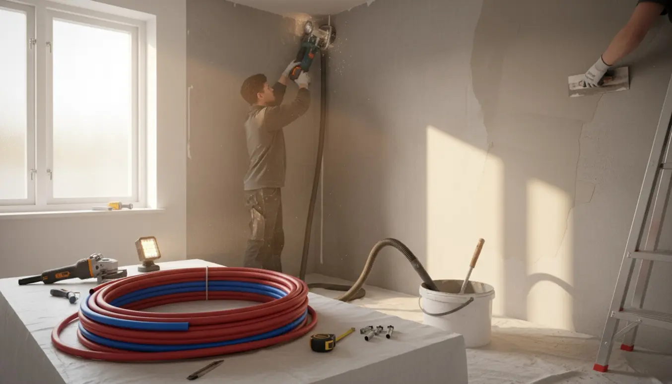 Hænder installerer PEX-rør og fræser en rille i betonvæggen mens vådrumsspartel glattes i et badeværelse under renovering.