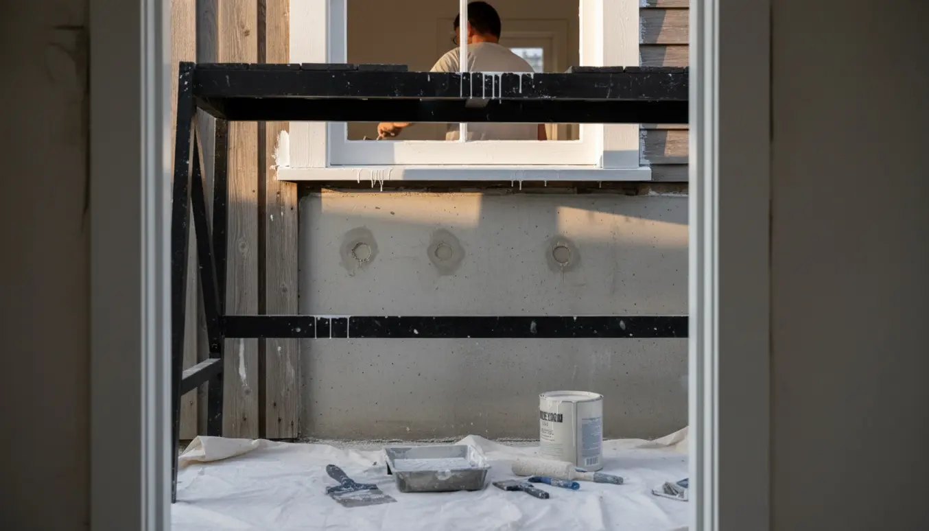 En håndværker maler hvidt træværk fra et sort træstillads, med spartlede huller i en betonvæg synlige indendørs.