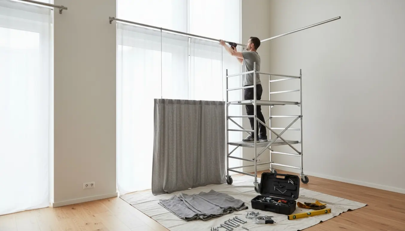 Installering af gardin på høj væg med byggestillads og værktøj i et lyst, moderne rum.