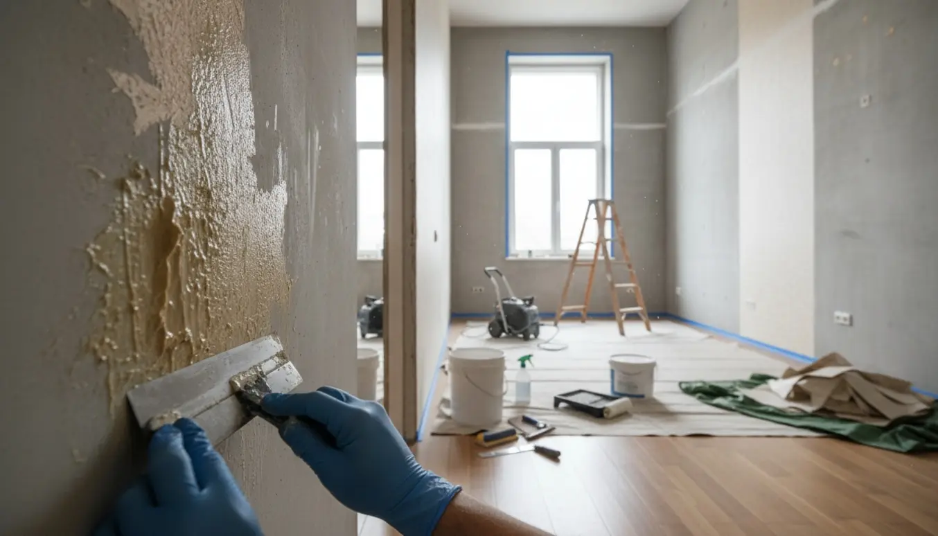 Nærbillede af fjernelse af savsmuldstapet fra betonvæg med skraber og afdækningsmaterialer, klar til maling.