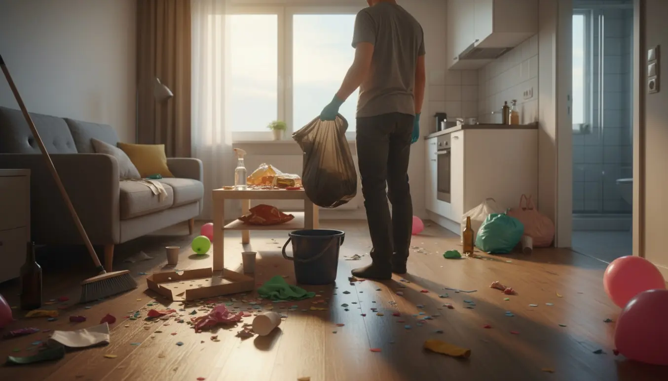 Rydning efter fest i en lille lejlighed med skraldepose, kost og sammenkrøllede kopper.