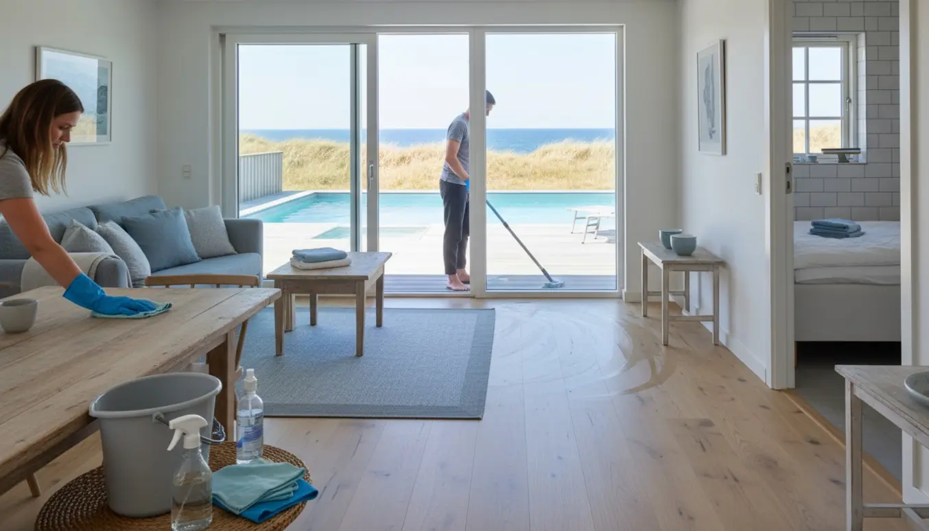 Lyst kystsommerhusinteriør under rengøring med rengøringsudstyr og udsigt til pool og hav.