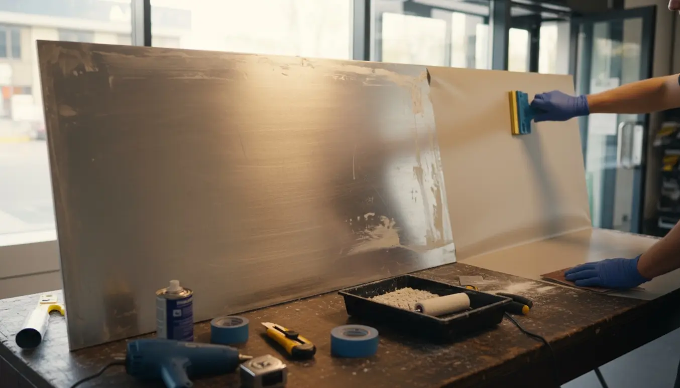 Et 2,5 m metal skilt i en værkstedsgarage, hvor gammelt folie fjernes og nyt vinyl glattes på af handskerede hænder.