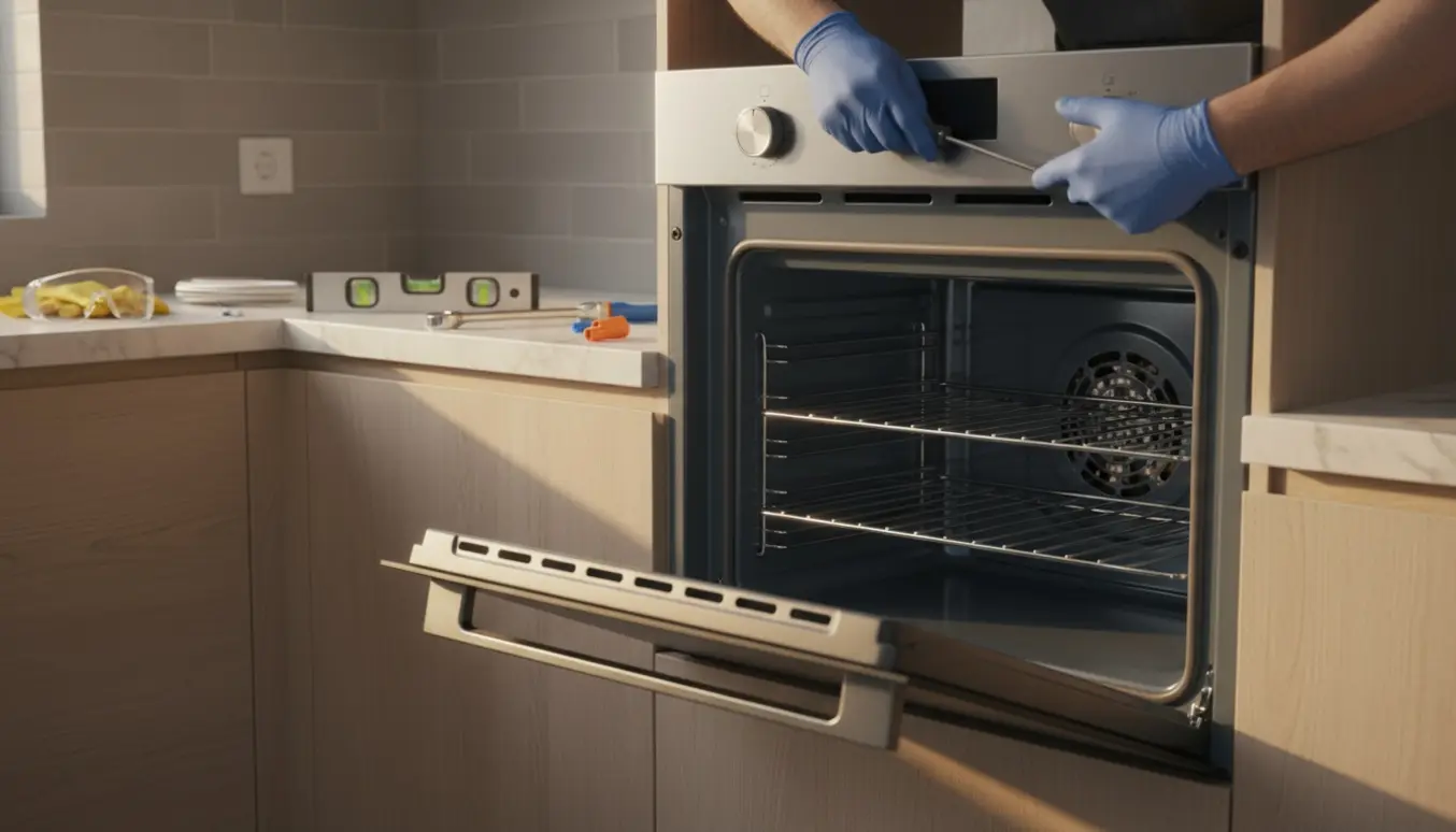 Hænder monterer et nyt indbygget komfur i et lyst køkken med værktøj på bordet.