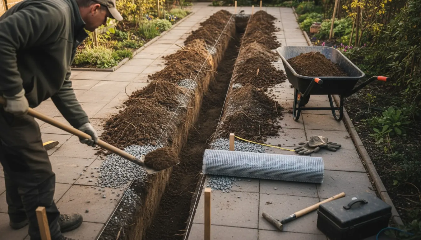 En person graver en 60 cm dyb rende langs terrassen for at montere rottesikring.