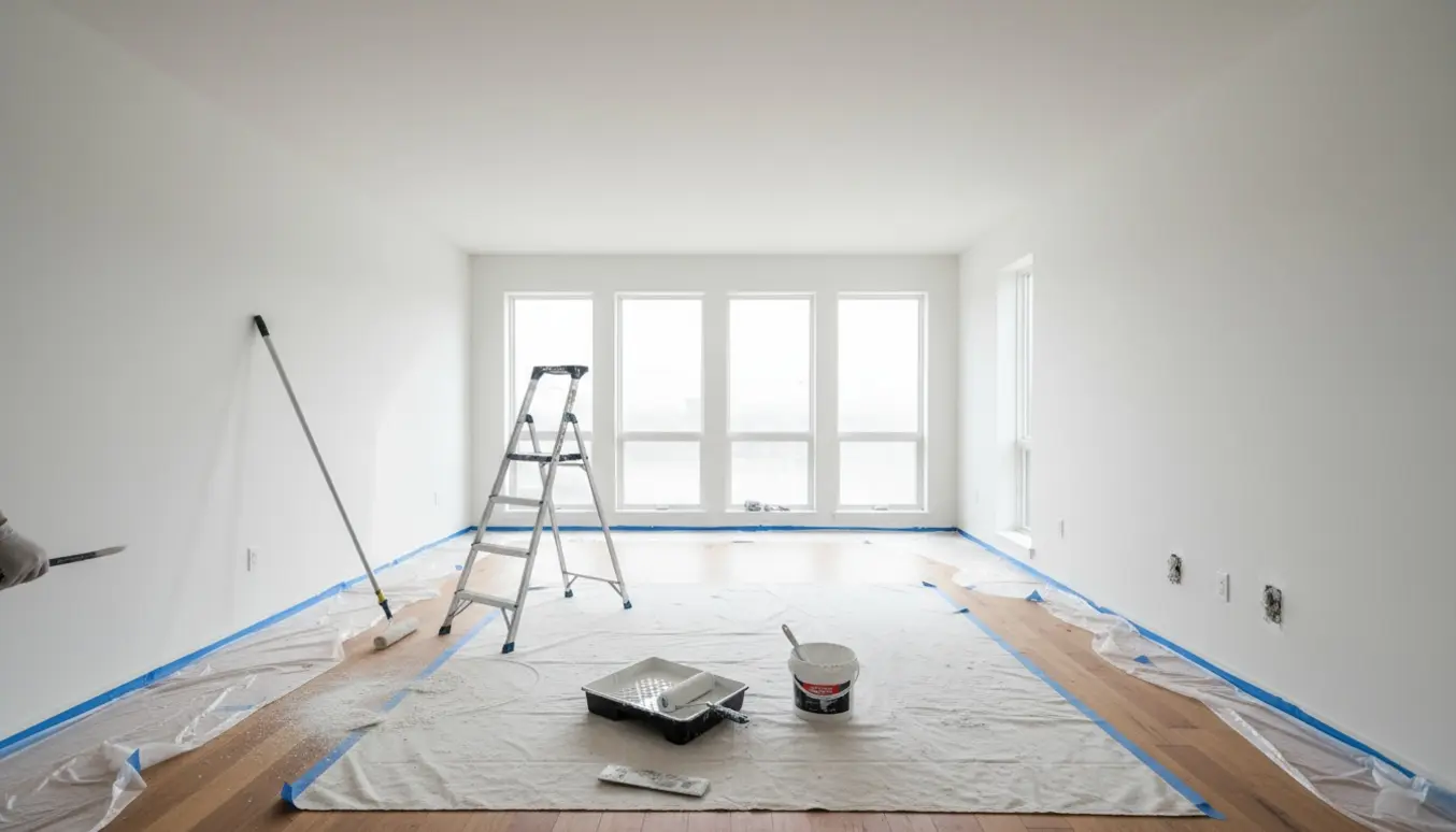 Tom, umøbleret bolig under hvid maling med stige, malerulle, spartel og afdækning.