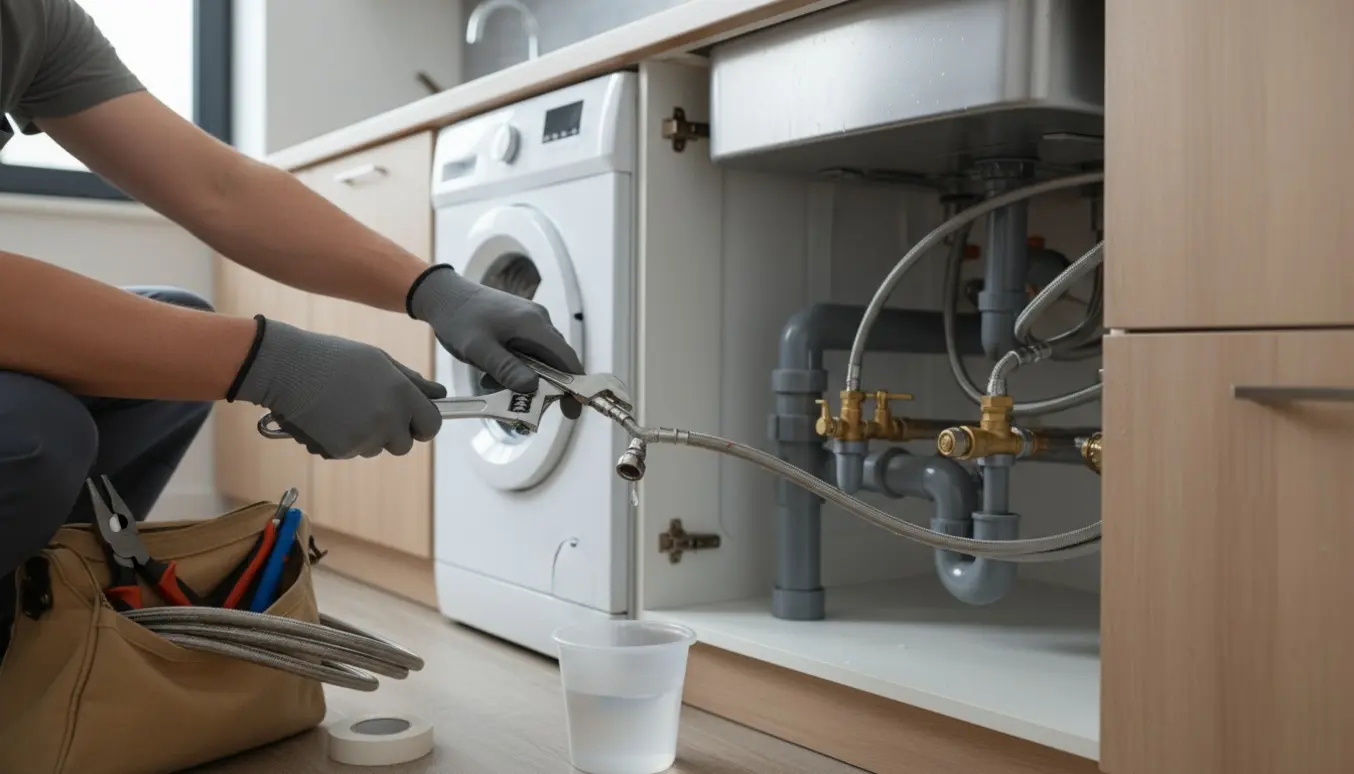 En VVS’er forbinder en 2-hovedet slangeforskruning under en åben køkkenvask mellem opvaskemaskine og vaskemaskine.