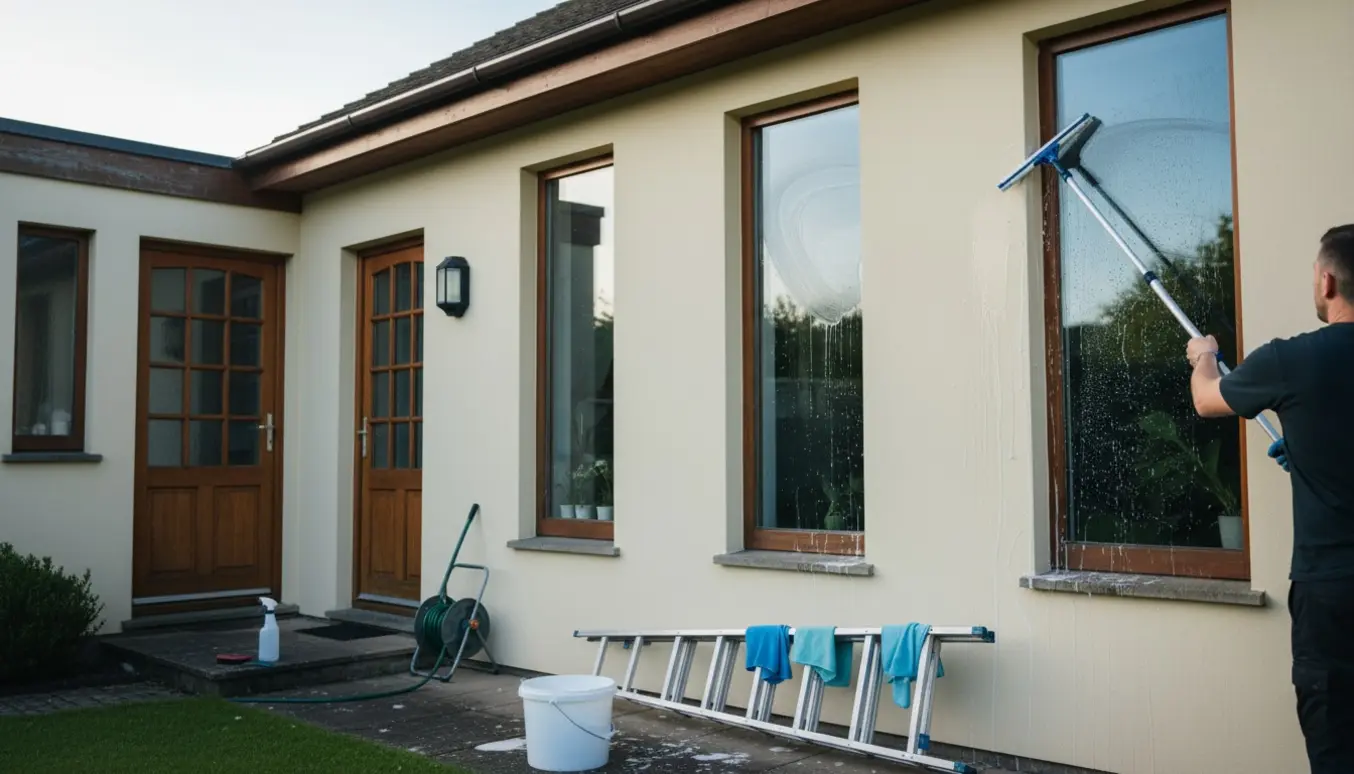 Udendørs vinduespudser arbejder ved et 1-plans hus med stige, spand og skraber foran vinduer og døre med små ruder.