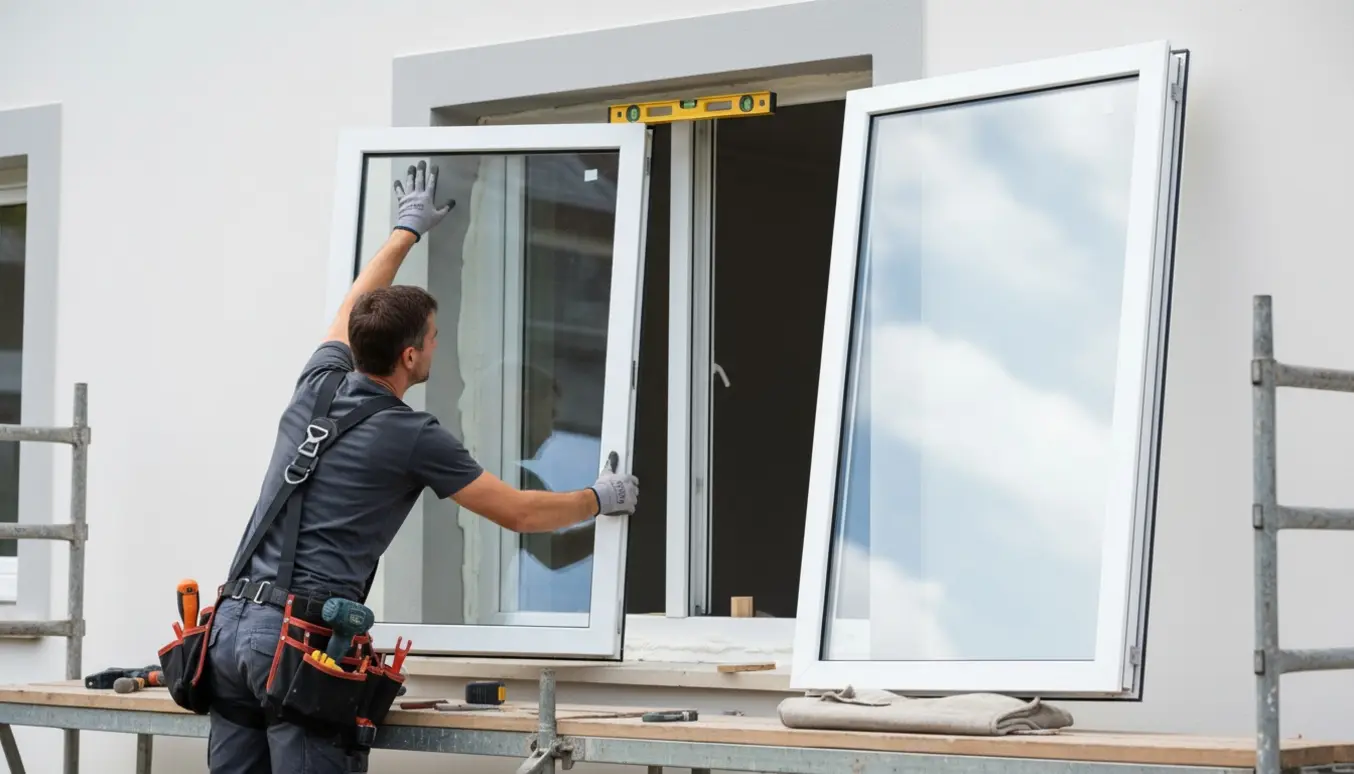 Montør monterer to nye vinduer på 1. sal fra stillads med værktøj og materialer tydeligt synlige.