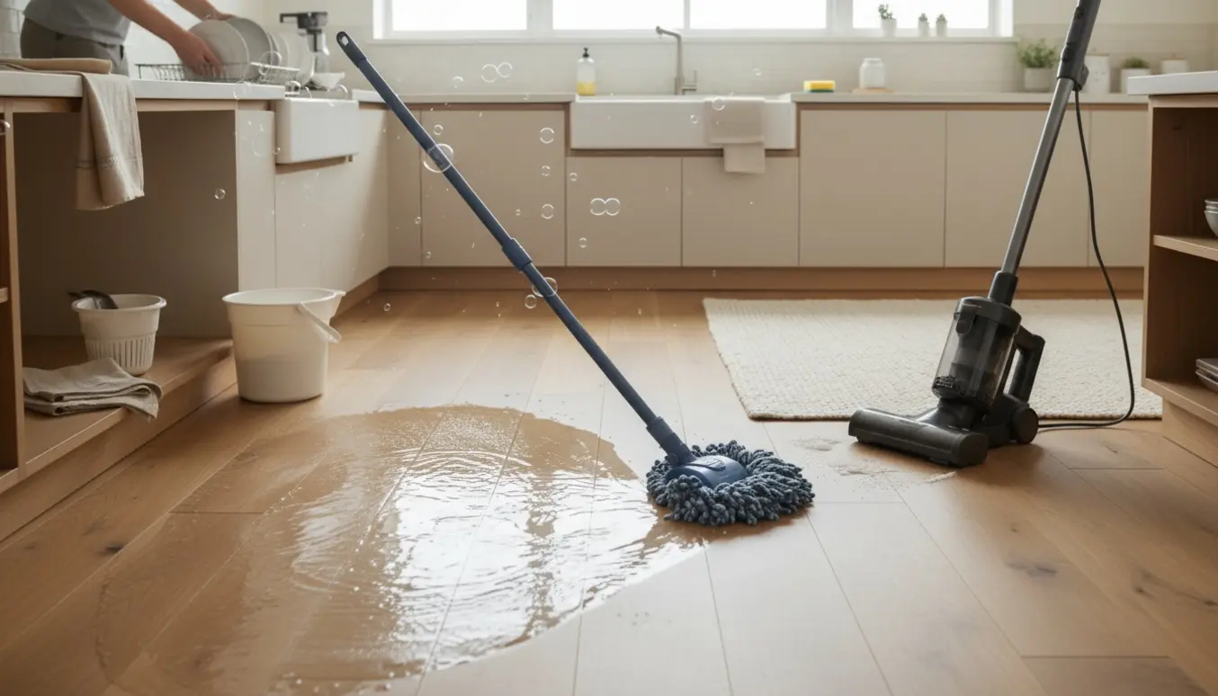 Hænder vasker op i et solfyldt køkken med moppe og støvsuger klar til gulvrengøring.