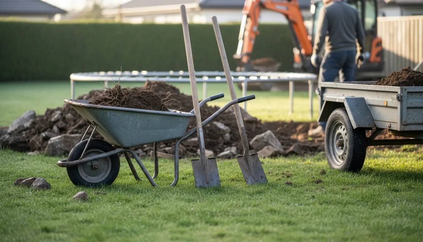 Trillebør fyldt med jord ved små bunker af jord, sten og rødder i en soloplyst baghave klar til bortkørsel.