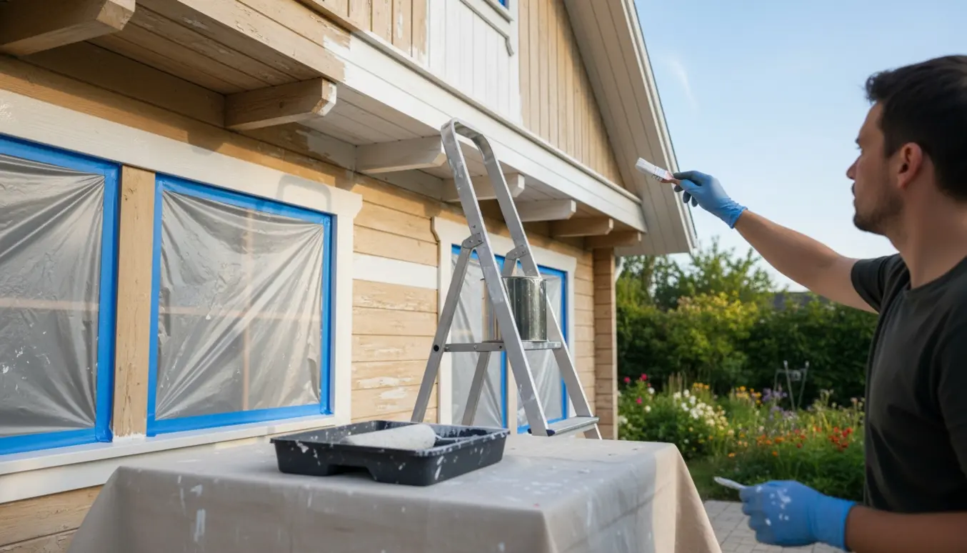 Halvtandet-plans træhusgavl og udhæng under maling med stige, malerbøtte og afdækningsdug.