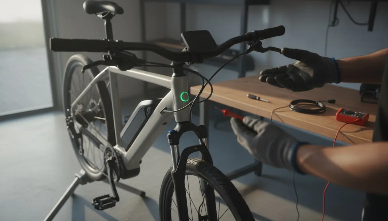 Nærbillede af elcykel på stativ med batteriindikator tændt og et mørkt styrdisplay, mens hænder med multimeter undersøger forbindelsen.