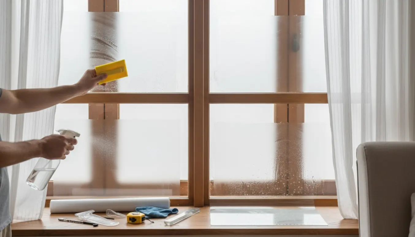 Hænder opsætter vinduesfolie på seks små vinduer med skraber, sprøjteflaske og kniv.