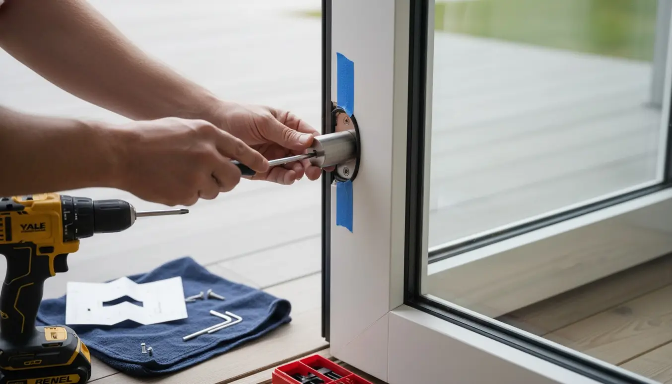 Nærbillede af hænder, der monterer en smart dørlås på en moderne Rationel glas hoveddør.