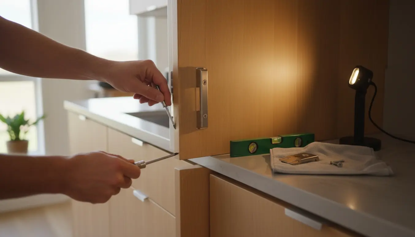 Hånd justerer hængslet på et indbygget køleskab for at få døren til at lukke tæt.