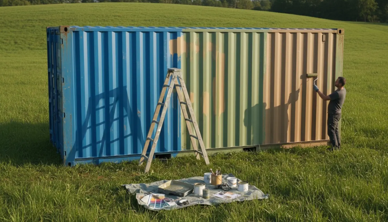 Blå 10 fods container der males i naturfarver for at passe ind i et græslandskab.