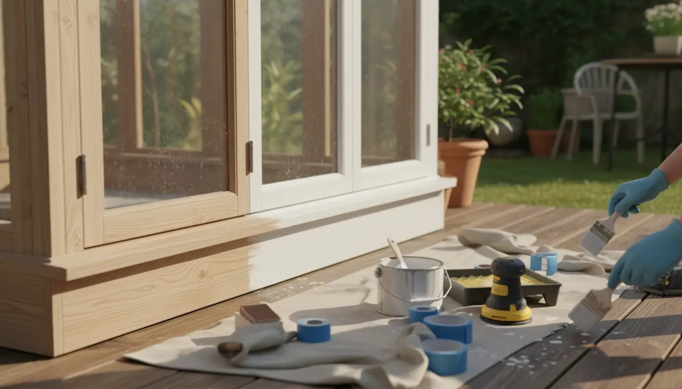 Hænder sliber og maler trævinduer og udestue med pensel og værktøj på terrassen i blødt dagslys.