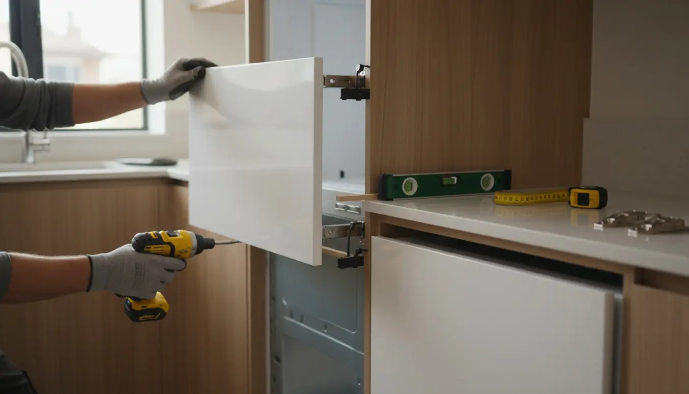 Håndværker monterer et integreret køleskab og sætter matching frontpaneler på køleskab og vaskemaskine i et moderne køkken.