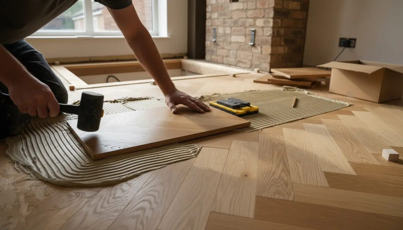 Håndværker lægger sildebensparket i egetræ oven på nylagt gulvspån i et rum med trappeåbning og skorsten.