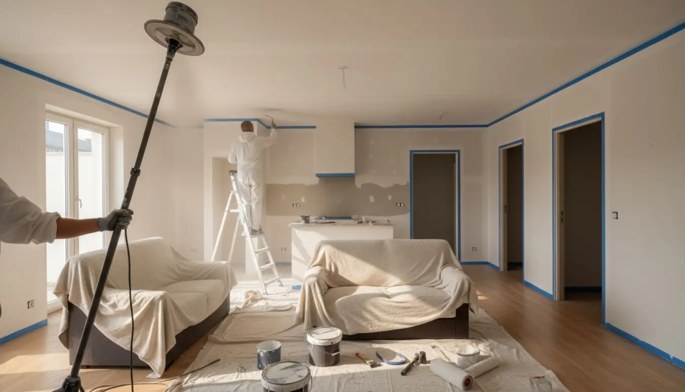 Giraffesliber og maler ved loftet i et åbent køkken-alrum med afdækning og frisk hvid maling.