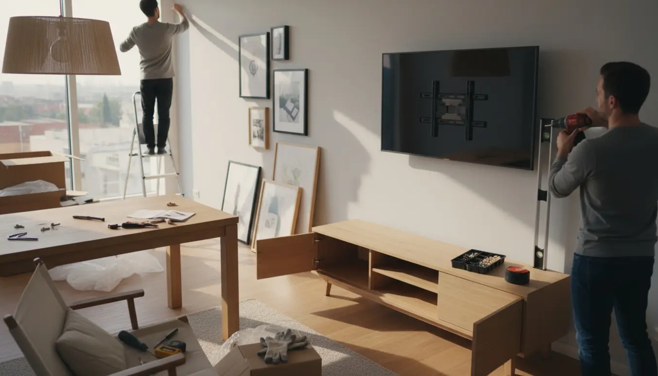 Person set bagfra monterer møbler, hænger en lampe op og monterer et TV i en lys, moderne stue.