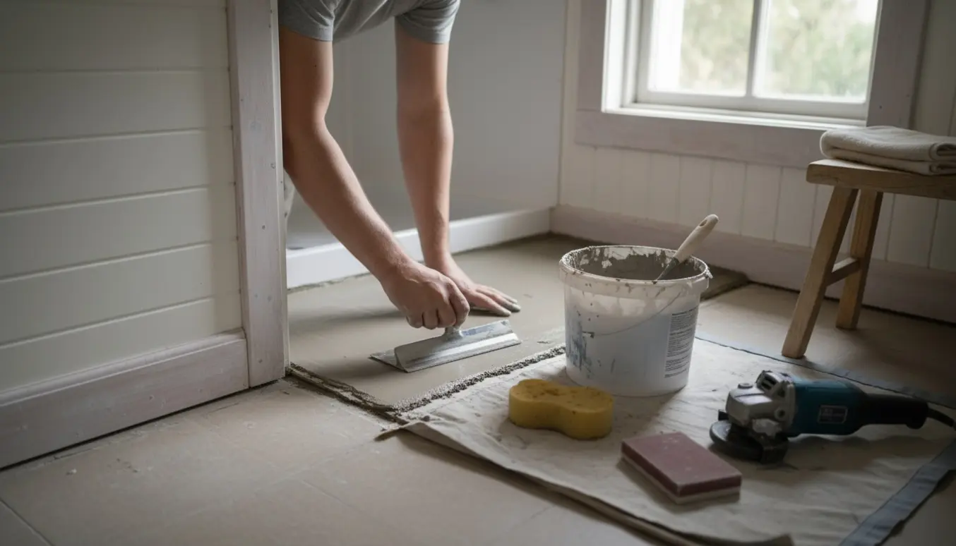 Lille sommerhusbadeværelse med hænder, der glatter microcement ud over gamle fliser, omgivet af værktøj.