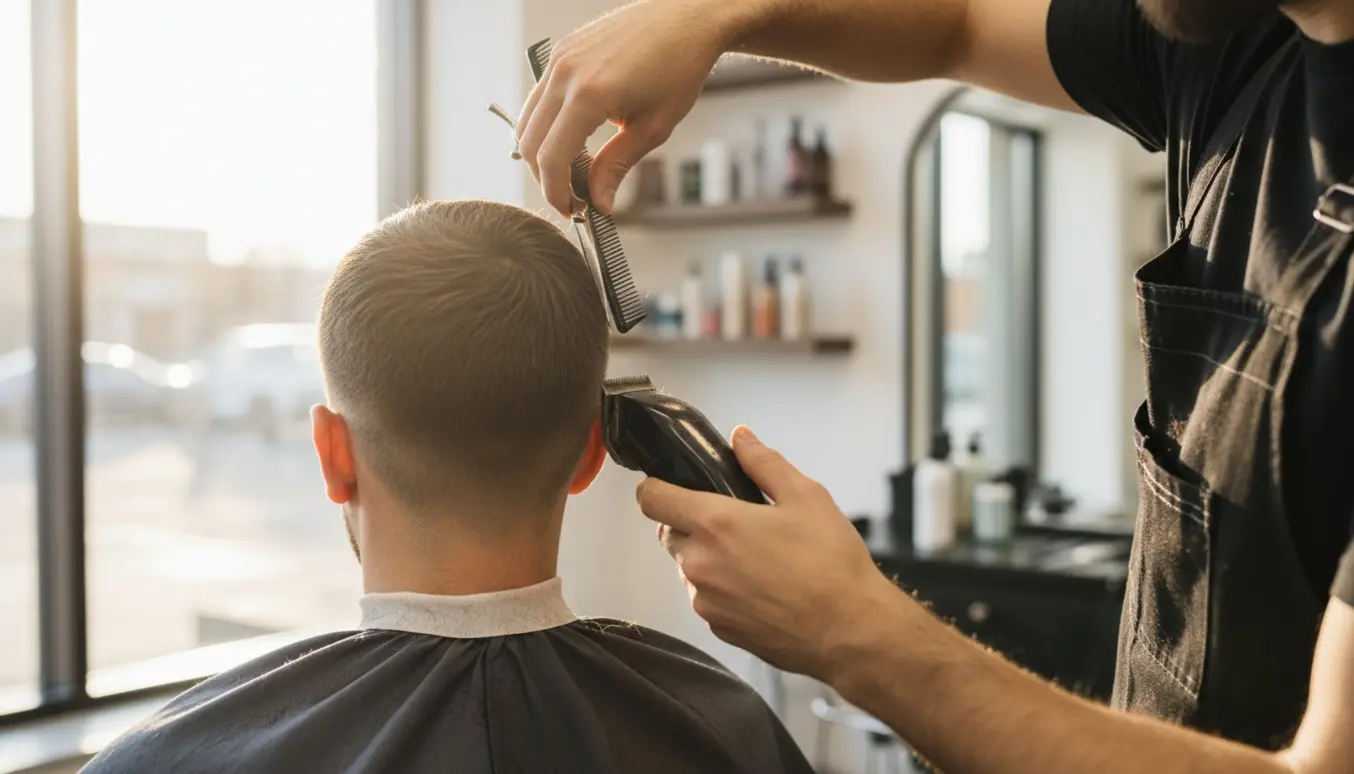 Frisør klipper toppen med saks og laver fade i siderne og nakken med maskine.