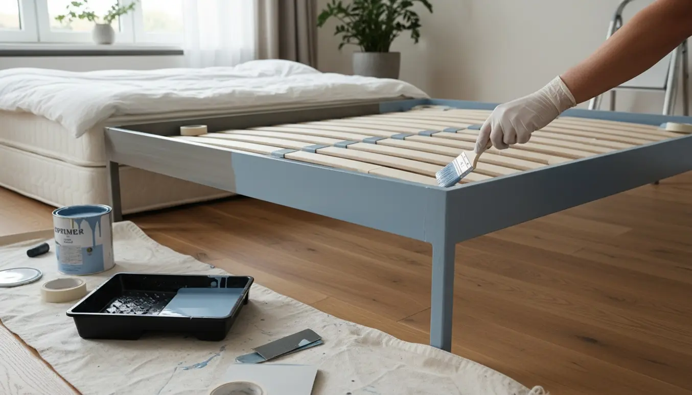 En slidsikker metal sengeramme bliver malet med pensel og rulle i et lyst soveværelse.