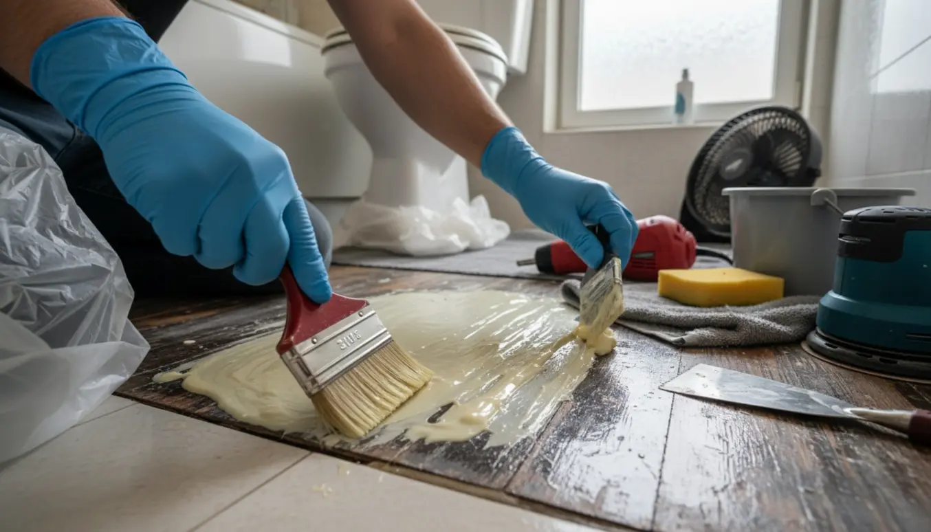 Hænder i handsker fjerner maling fra et lille badeværelsesgulv med afskrabning og kemisk afrensning.