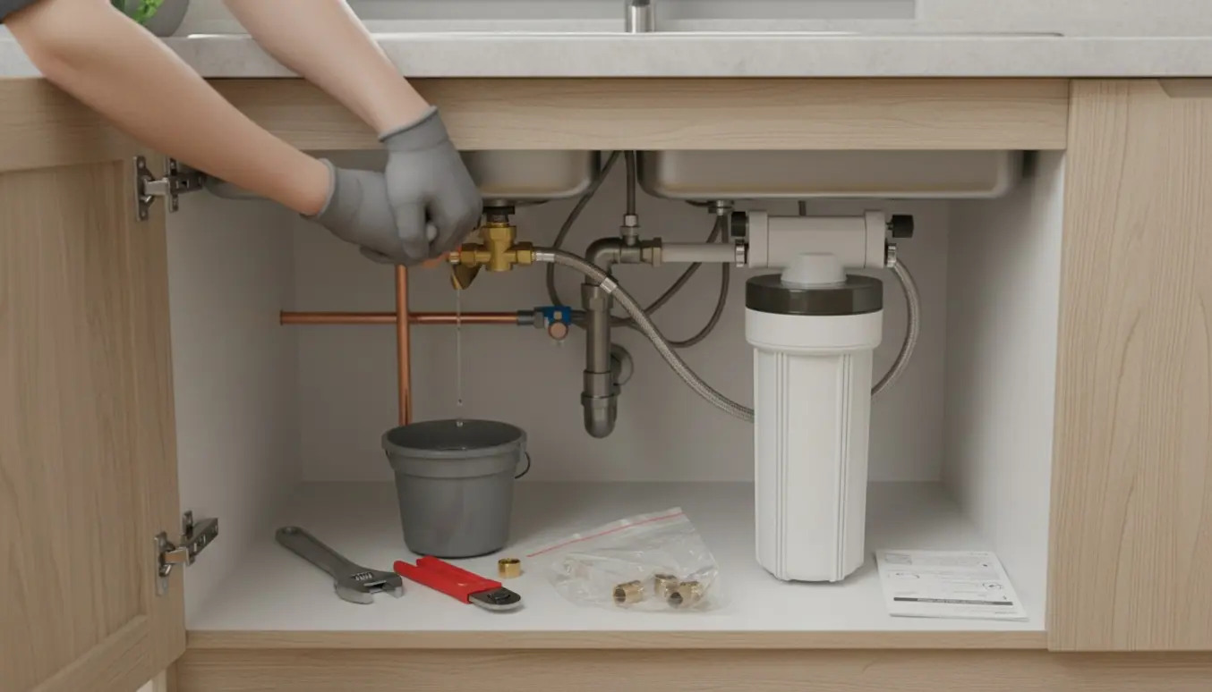 Hænder installerer et underbord vandfilter under et køkkenvask med værktøj og fittings omkring.