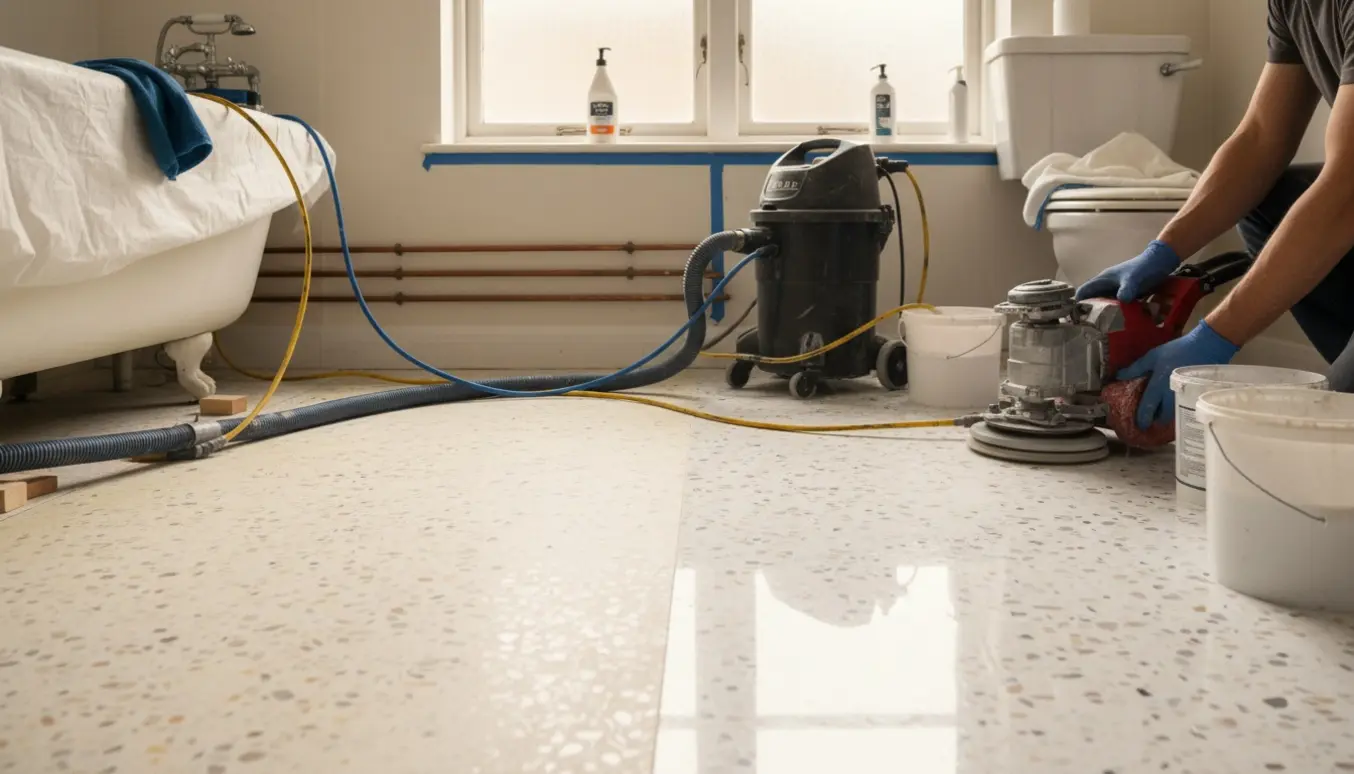 Et lille badeværelse med et gulnet Terrazzogulv, hvor maskiner og handskerne arbejder med slibning og polering rundt om tre tynde rør ved toilettet.