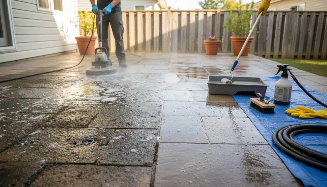 Nærbillede af rensning og imprægnering af udendørs fliser med synlig før-og-efter-forskel.