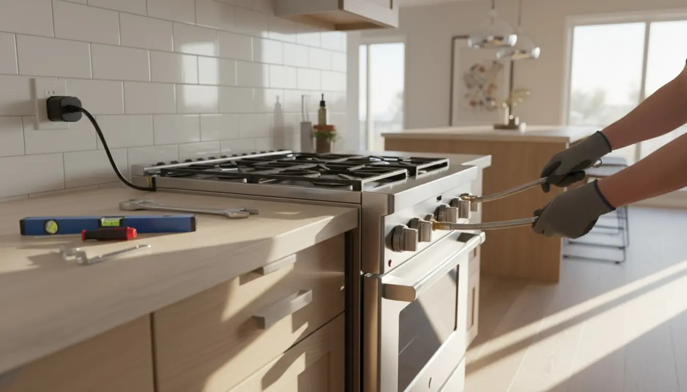 Tekniker installerer et nyt rustfrit stålkomfur i et lyst køkken med værktøj og handsker synlige.