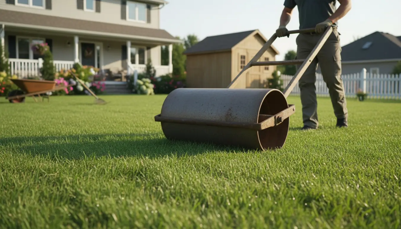 En gartner triller en kraftig græstromle over en velplejet forhave for at udjævne plænen.