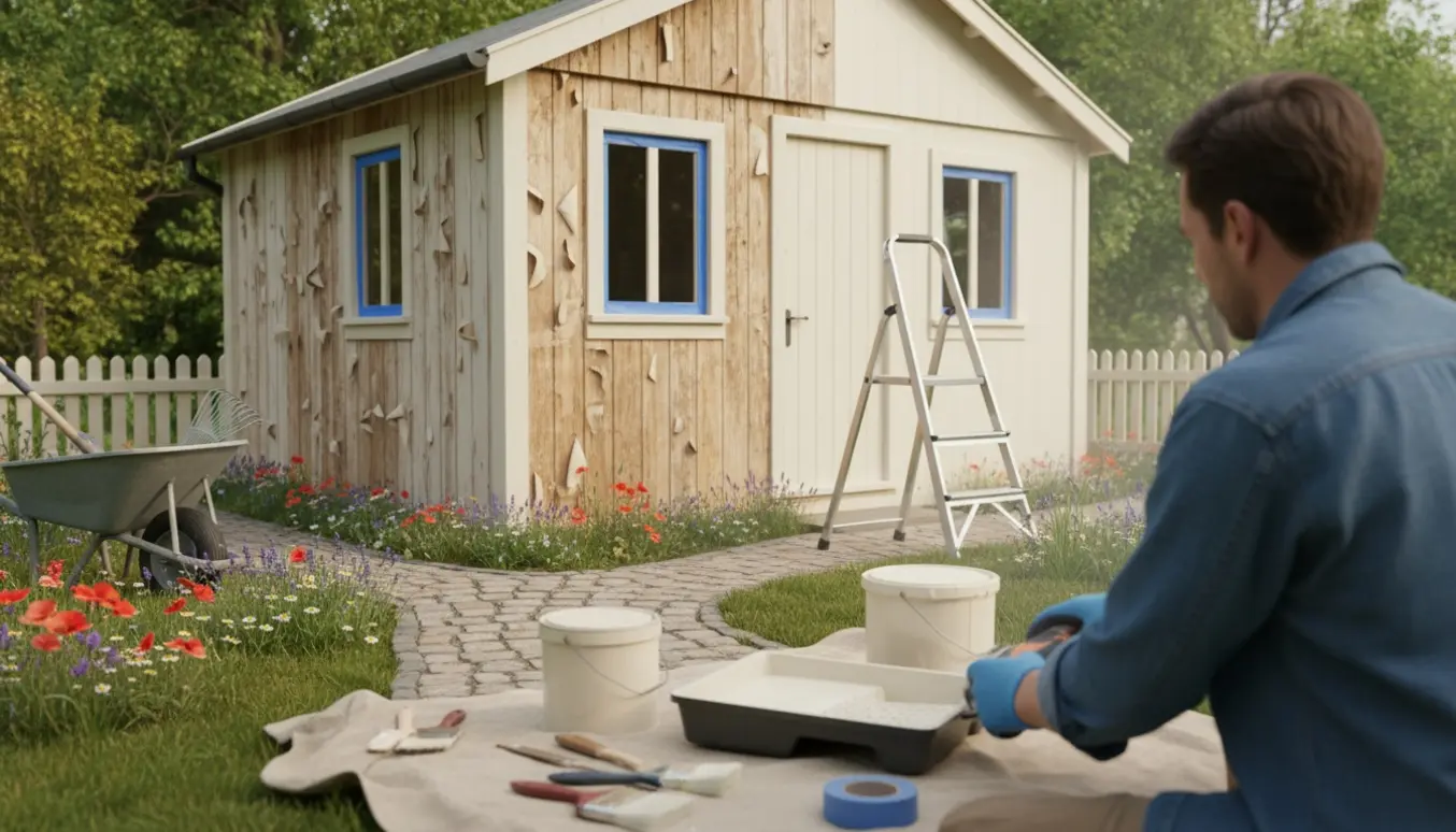 Kolonihavehus i sommersol med skallet maling, hvor facaden bliver slebet og nymalet.