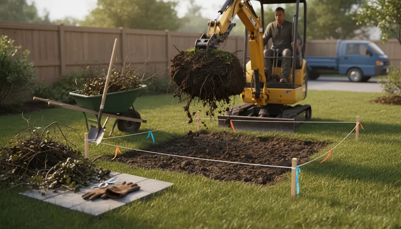 Mini-graver graver et afgrænset areal i en baghave, med bunker af rødder og haveredskaber klar til fjernelse.
