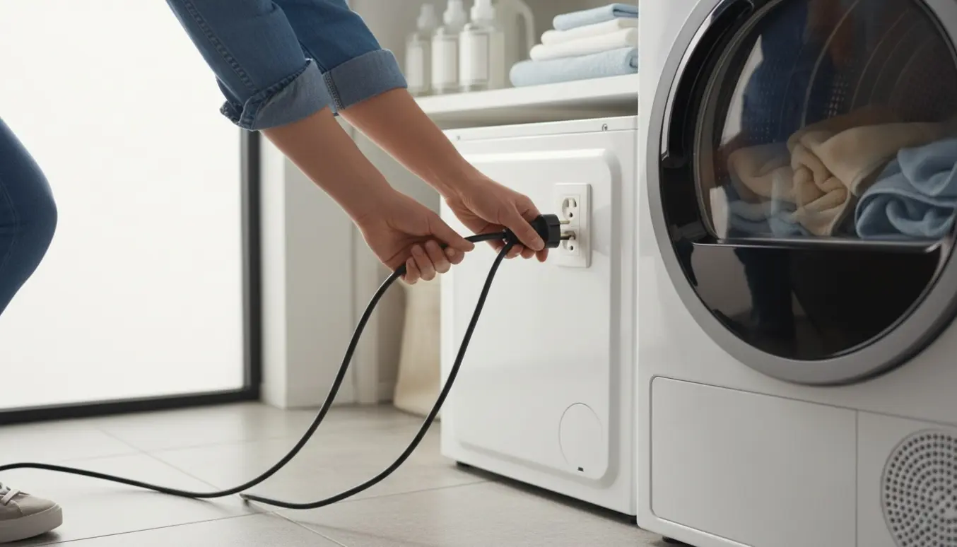 Hænder forbinder kondens tørretumblerens strømstik i et lyst vaskerum.