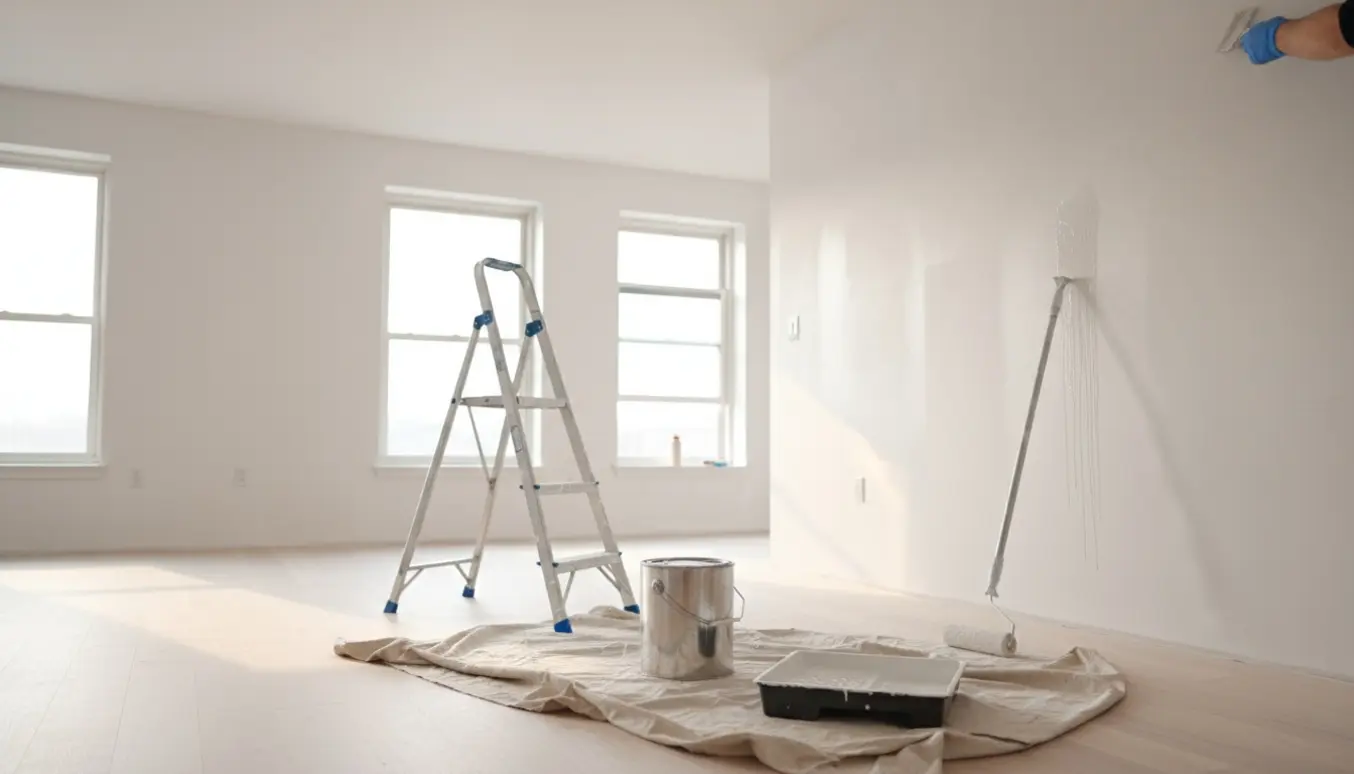 Tom lejlighed med nymalede hvide vægge og malerværktøj på gulvet i blødt dagslys.