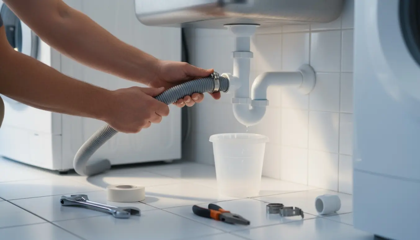 Nærbillede af hænder, der monterer afløbsforbindelsen mellem vask og vaskemaskine i et lyst vaskerum.