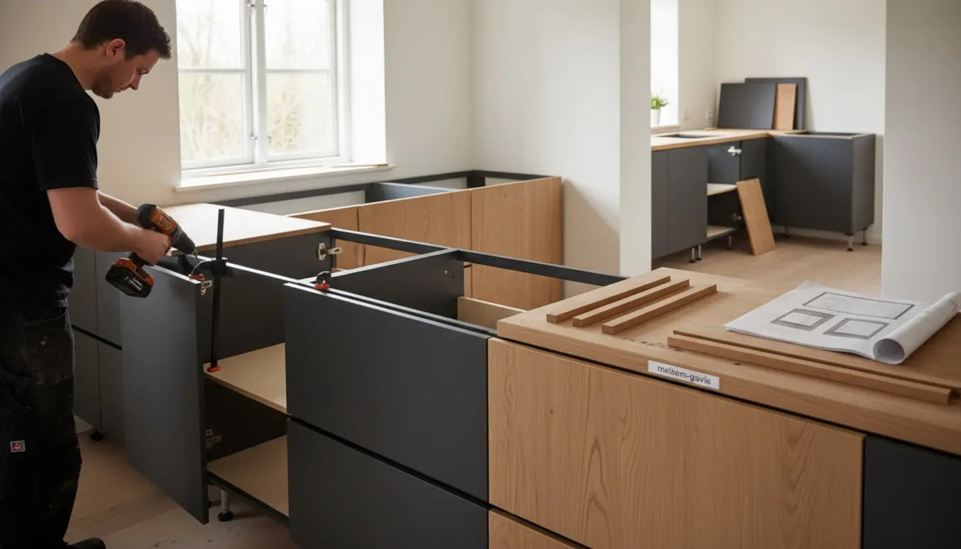 Installatør monterer nye køkkenfronter og lister på modulskabe i et lyst, moderne køkken, med et mindre tekøkken i baggrunden.